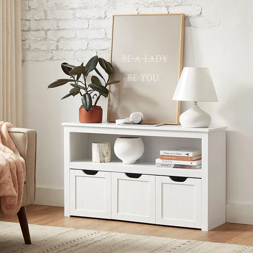 Bancheta cu spatii de depozitare cu roti, Vasagle, 102x30x60 cm, MDF, alb