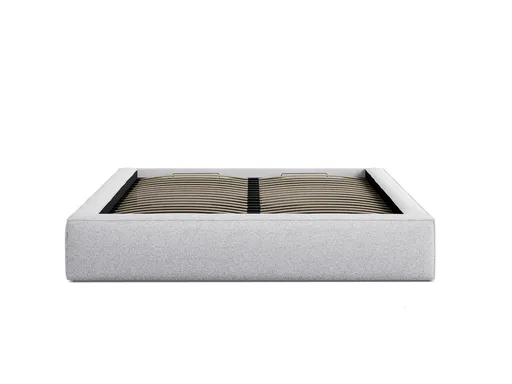 Pat tapitat cu somiera rabatabila si lada depozitare, 200x200 cm, Micadoni Home, Simon-201, tesatura structurata chenille, gri deschis melange