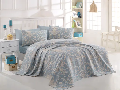 Set cuvertura pique Single, L'essentiel Maison, Tuval, Bumbac Ranforce, Albastru/Alb