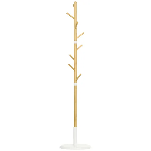 HOMCOM Cuier Vertical cu 8 Cârlige cu Bază Rotundă din Bambus, Lemn și Metal, Ø37,8x175,6 cm, Lemn Natural | Aosom Romania