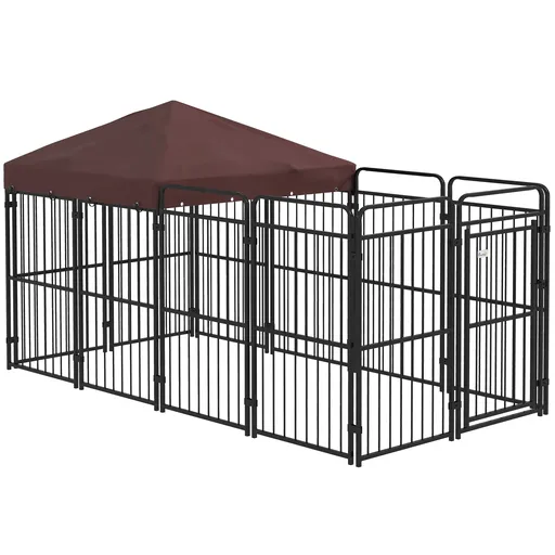 PawHut Cotet Exterior pentru Caini Tarc cu Copertină Impermeabilă pentru Talie Medie și Mare Maro | Aosom Romania