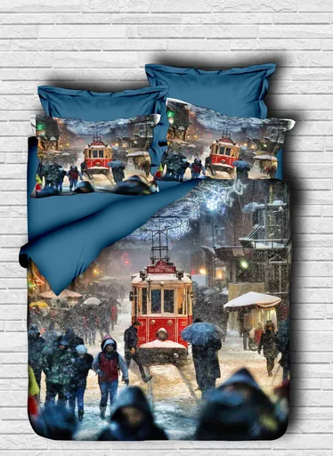 Lenjerie de pat dubla King (FR), 3 piese, L'essentiel Maison, 148, Dark Blue / White / Blue