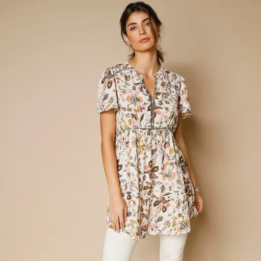 Tunică cu decolteu tunisian, imprimeu și broderie