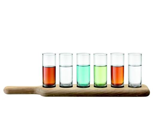LSA International Tavă din lemn cu pahare pentru distilate LSA Paddle, transparente, 6 buc, Handmade