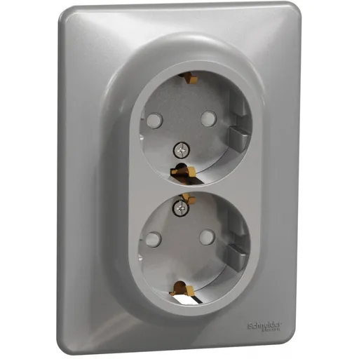 Priza dubla 2P+E, cu obturatoare, Schneider, SDD313221, Sedna Design, aluminiu