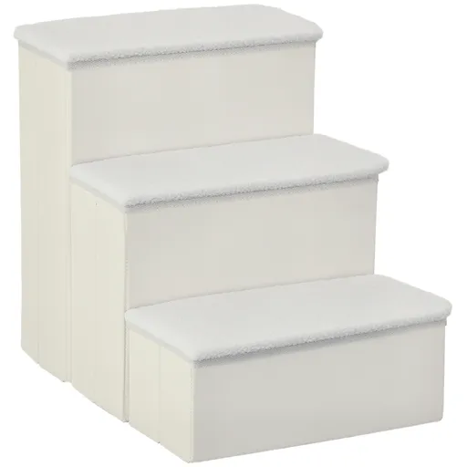 PawHut Scară pentru Câini cu 3 Trepte și Spațiu de Depozitare, Scară Pliabilă cu Înveliș Lavabil, 40x54x48 cm, Alb | Aosom Romania