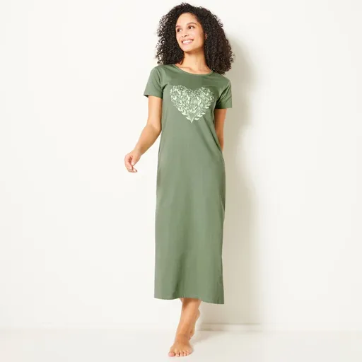 Cămașă de noapte lungă cu mâneci scurte, imprimeu cu inimă