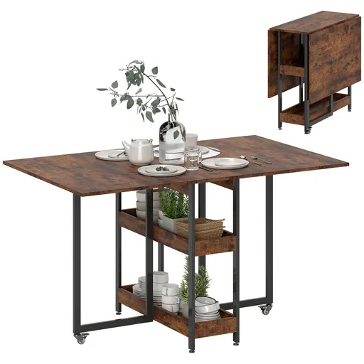 HOMCOM Masă de Dining Extensibilă în stil industrial, pentru până la 4 persoane, rafturi deschise, flexibilă, Metal, Placă de melamină, Maroniu | Aoso