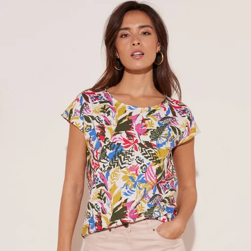 Tricou cu imprimeu tropical si gat rotund