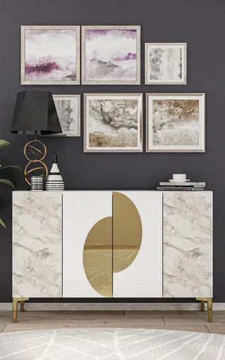 Consola, Hanah Home, Afra KM120, 120x75x29.6 cm, Alb / Marmură Efes / Auriu