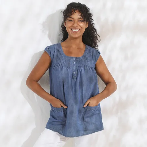 Tunică cu decolteu cu nasturi, din denim ușor