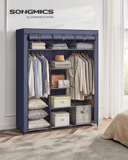 Dulap textil pentru haine, Songmics, 150x45x175 cm, material netesut/otel, albastru inchis