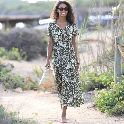 Rochie lungă Crepon cu decolteu în V și imprimeu