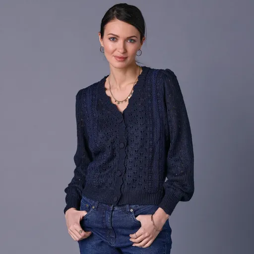 Pulover azura elastic cu finisaj macramé și ondulat