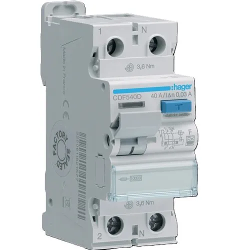 Intreruptor diferential RCCB Hager CDF540D, 1P+N, 10kA, 40A, 30mA, Tip F