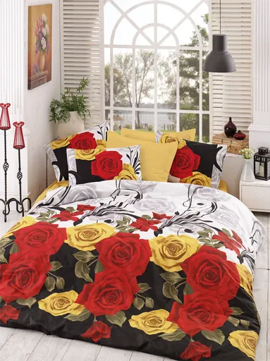 Lenjerie de pat dubla, L'essentiel Maison, Bionca Perla, Galben / Negru / Roșu / Alb / Verde