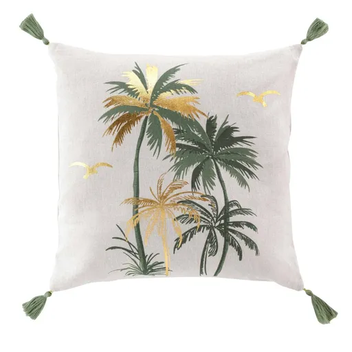 Pernă pătrată cu palmier imprimat metalic și ciucuri