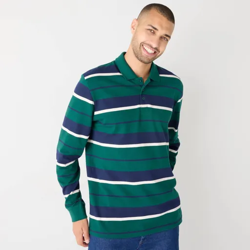 Tricou polo cu dungi și mâneci lungi, din tricot piqué