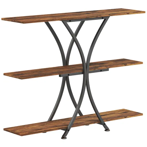 HOMCOM Masă Consolă Masă pentru Canapea cu 2 Polițe Deschise și Cadru Metalic în X Stil Industrial Maro Rustic | Aosom Romania