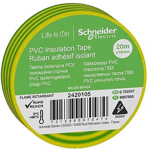 Banda izolatoare PVC 19mmX20m galben/verde Schneider IMT38205