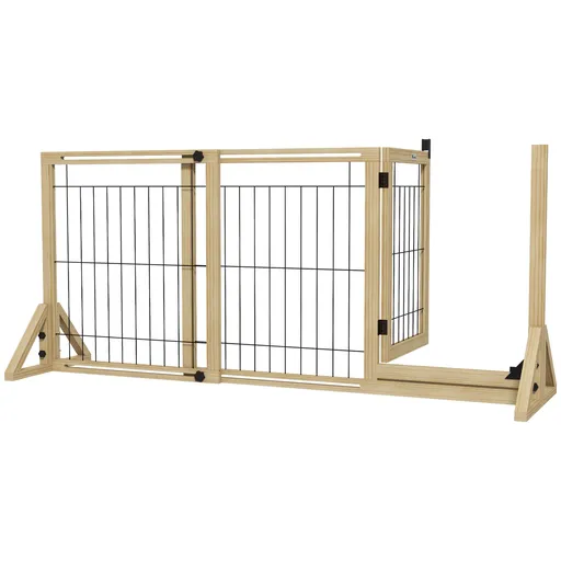 PawHut Gard Extensibil pentru Câini, Gard de Siguranță pentru Animale cu Ușă și 2 Panouri, Picioare Triangulare, 112-159x70 cm, Lemn Natural | Aosom R