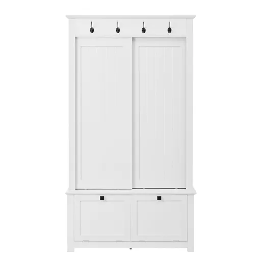 Dulap de hol cu uși glisante și compartiment pentru pantofi integrat, sistem de depozitare multifuncțional cu cârlige, 100x50x180 cm, Alb