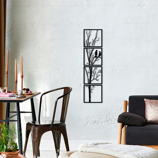 Decoratiune de perete, Tree And Birds S, 30 x 30 cm, 4 piese, Negru