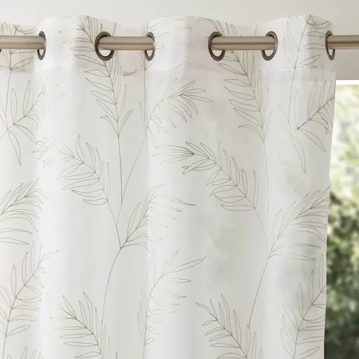 Perdea voal cu broderie de frunze și garnitură cu ochiuri