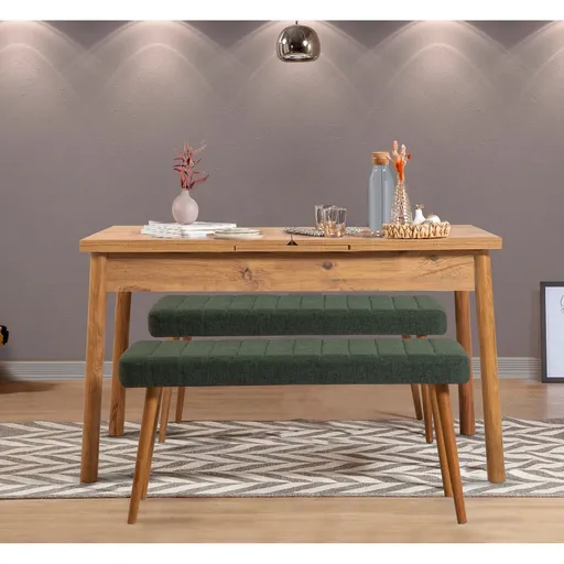 Set masa extensibila si banchete, Hanah Home, Santiago 1070, Pin Atlantic / Verde