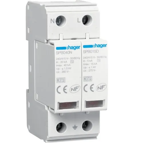 Descarcator supratensiune 2P T2 TNS/TT Uc 275V In 5kA Imax 15kA Hager SPB215D