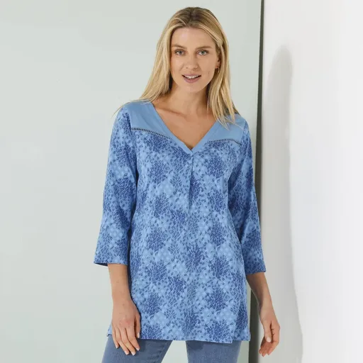 Tunică cu mâneci 3/4, imprimeu și decorațiuni croșetate