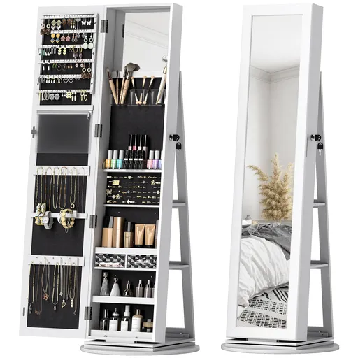 HOMCOM Oglindă 3 în 1 cu Suport Bijuterii, Rotativă, Rafturi și Ușă cu Cheie, Albă | Aosom Romania