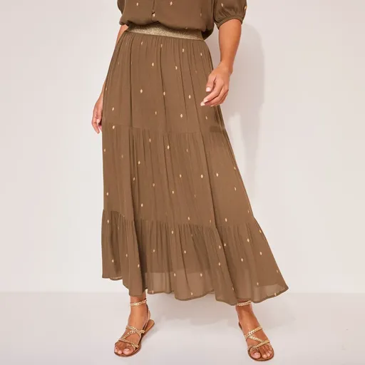 Fustă lungă cu volane cu imprimeu auriu