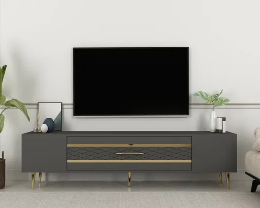 Comoda TV, Hanah Home, Dekolp2, 150x48.2x35 cm, Antracit / Aur