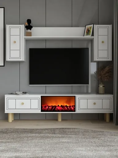 Comoda TV, Hanah Home, Dario Bohem Fireplace, 150x44.6x29.6 cm, PAL , Alb