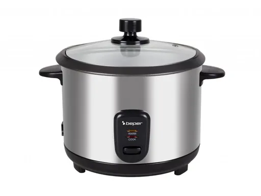 Aparat de gatit orez, cu aburi Beper, 400 W, 29x23 cm, aluminiu/sticla/otel, argintiu/negru