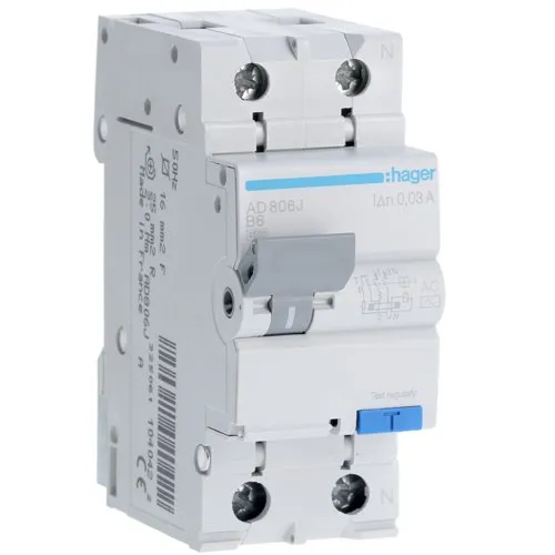 Disjunctor diferential RCBO 1P+N 4.5kA B-6A 30mA AC Hager AD806J
