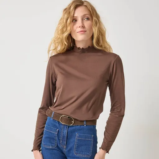 Tricou uni cu guler înalt și tiv ondulat