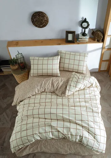 Lenjerie de pat dubla, L'essentiel Maison, Kare, Bumbac Ranforce, Crem