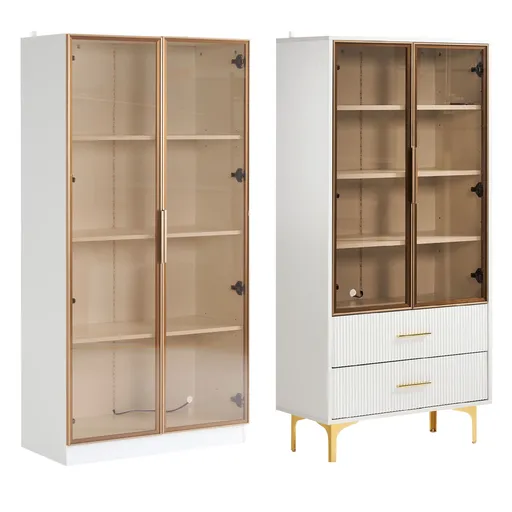 Set de Vitrine Moderne cu Iluminare LED și Rafturi Reglabile, potrivite pentru living, birou, din Sticlă, 80x40x160 cm + 70x35x150 cm, Alb