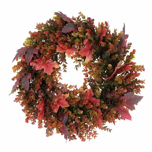 Coroană artificială de toamnă din eucalipt șifrunze de arțar, diametru 40 cm, roșu-verde, roșu