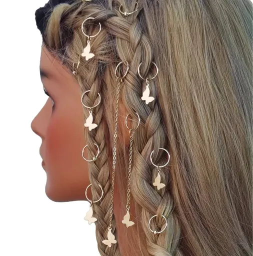 Accesorii pentru Codite Afro, Box Braids, Inele si Fluturi, Set 12 Bucati Gold - 10373555