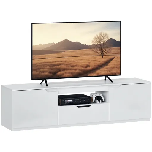 HOMCOM TV-Lowboard, lucios, pentru televizoare de până la 65 de inch, 3 făcuturi, sertar, 160 x 38 x 43 cm, Alb | Aosom Romania
