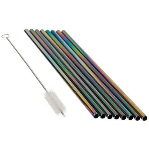 Set de paie din oțel inoxidabil cu perie, 8 buc.,  curcubeu, multicoloră