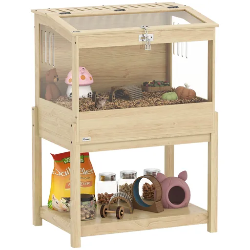 PawHut Cușcă pentru hamster din lemn înaltă cu raft de depozitare capac deschis 83,2 x 50 x 103 cm efect de lemn natural | Aosom Romania