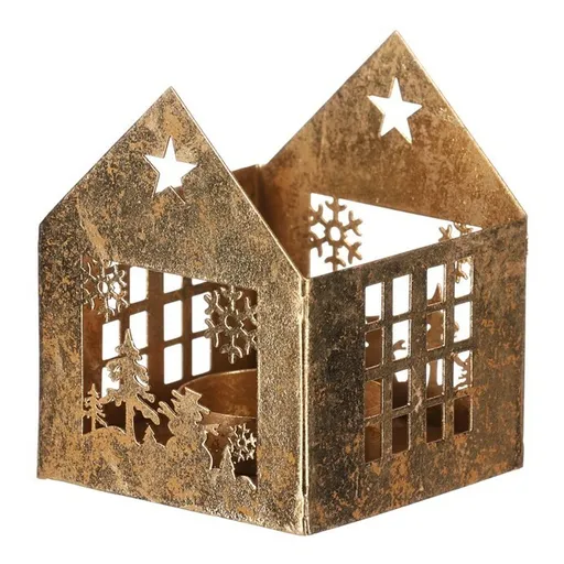 Sfeșnic metalic Căsuță, auriu, 8 x 8 x 10 cm