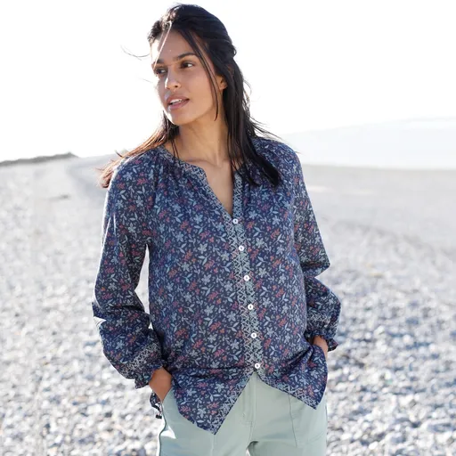 Bluză cu nasturi, broderie și imprimeu