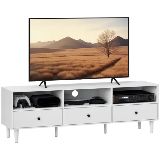 HOMCOM Comodă TV, Stand TV pentru Ecrane de 75 inch, 3 Rafturi Deschise, 3 Sertare, Placă de Particule, Alb | Aosom Romania