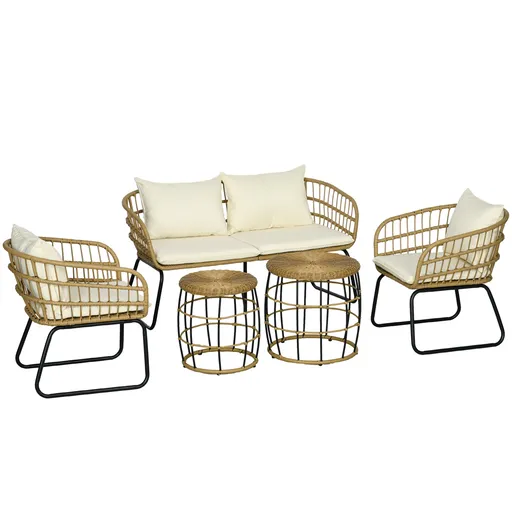 Outsunny Set de mobilier de grădină din răchită, Set de lounge pentru exterior, Stil Boho, Set de 5 piese, 145 x 70 x 78 cm, Crem + Natur + Negru | Ao