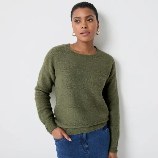 Pulover cu guler rotund, confecționat din tricot plușat